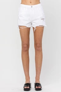 White High Rise Distressed Mom Shorts
